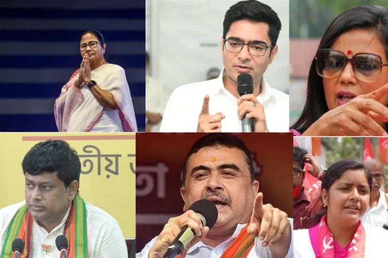 West Bengal political leaders collage highlighting political leaders fashion sense, featuring Mamata Banerjee, Abhishek Banerjee, Mahua Moitra, Suvendu Adhikari, Dilip Ghosh, and Minakshi Mukherjee in traditional sarees, kurtas, and party-colored attire.