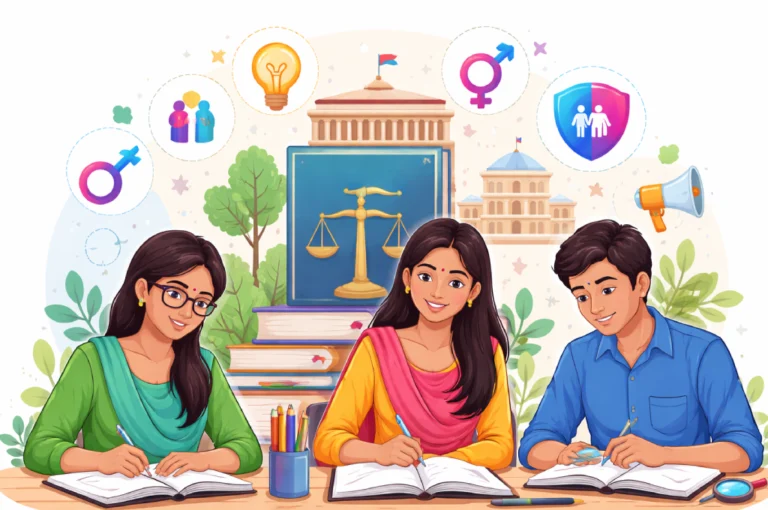 Illustration of Indian students studying together with symbols of equality, law, and education, representing gender awareness for competitive exams.