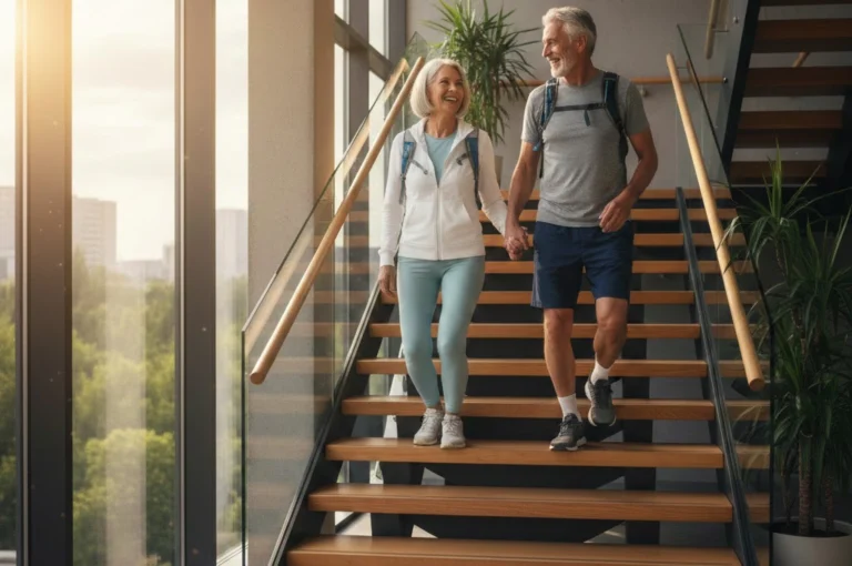 Daily movement habit of active seniors taking the stairs to stay fit after 60