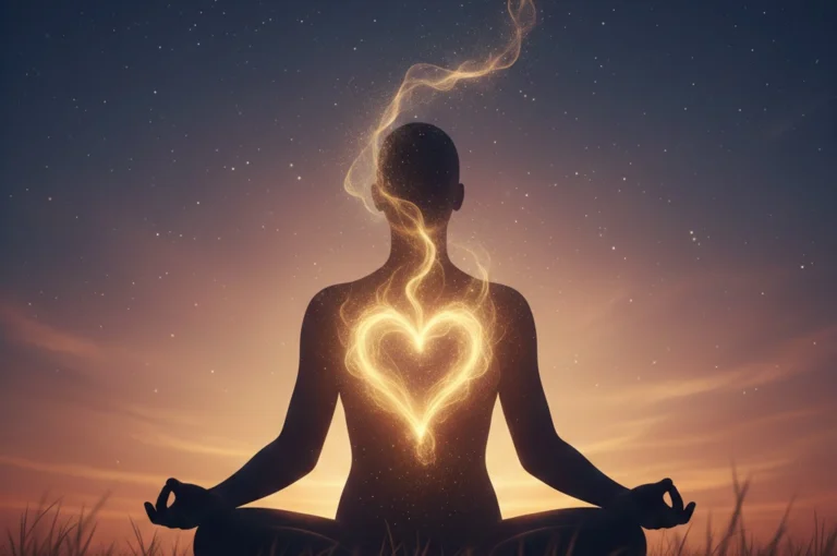 সুন্দর মনের মূল্য: ভালোবাসা ও বিরহের গভীর সত্য Meditating silhouette with glowing heart symbolizing the value of a beautiful mind and emotional inner strength