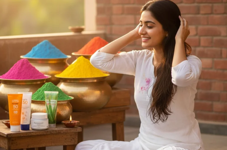 Holi skin care tips 2026 woman applying oil and moisturizer before playing Holi to protect skin and hair from color damage.