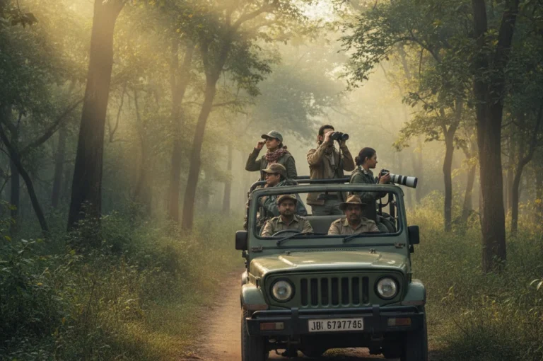 Jungle safari guide showing tourists in open jeep exploring forest during early morning wildlife safari