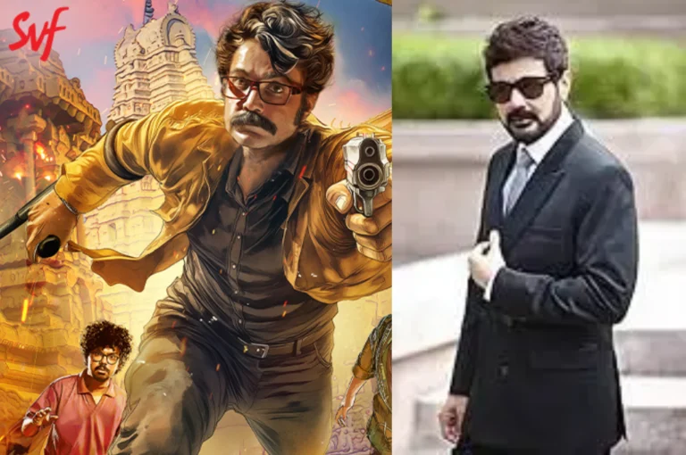 Vijaynagar'er Hire Movie Review featuring Kakababu in an action-packed scene with Prosenjit Chatterjee against a historical backdrop