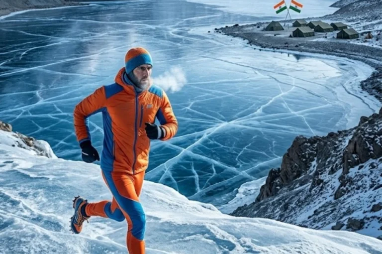 Runner participating in the Pangong Frozen Lake Marathon on thick ice in Ladakh near the China border, symbolizing India's stability before regional conflict.