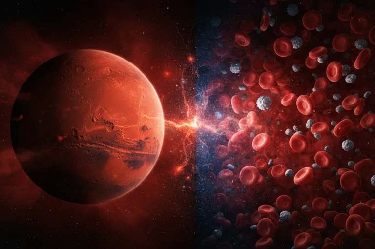 মঙ্গল গ্রহ, মানুষের রক্তের রং লাল—কাকতালীয়, জানুন আজই চমকে দেওয়া তথ্য! Mars red color human psychology concept showing red planet surface connected with flowing human blood cells in space.