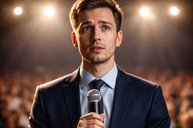 Public speaking fear shown by a young professional holding a microphone before a presentation
