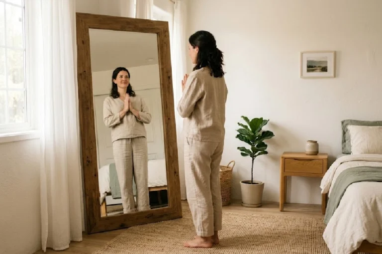 আয়নার সামনে নিজেকে দেখুন: কেন মনোবিজ্ঞানীরা বলছেন এটি জীবন বদলে দিতে পারে? Person practicing Mirror Meditation by looking into their own eyes in front of a mirror.
