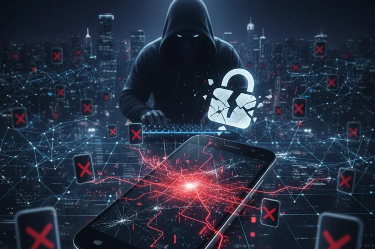 A conceptual digital art piece representing a major Android security risk with a hooded hacker figure looming over a compromised smartphone glowing in red.