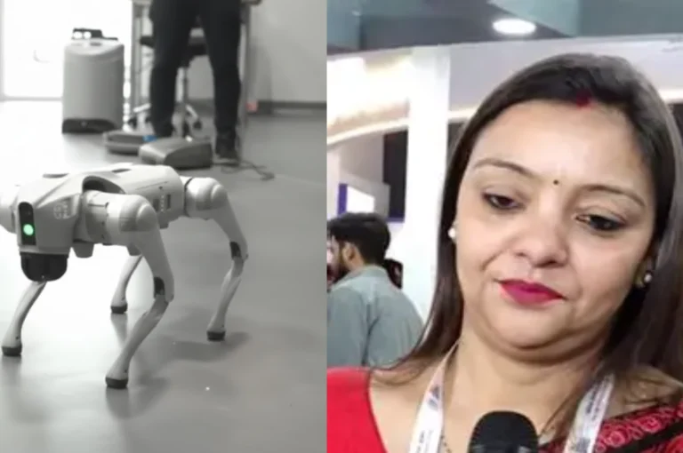 Neha Singh viral controversy image showing a quadruped robot dog demonstration at a university campus alongside a close-up of a female professor speaking to media.