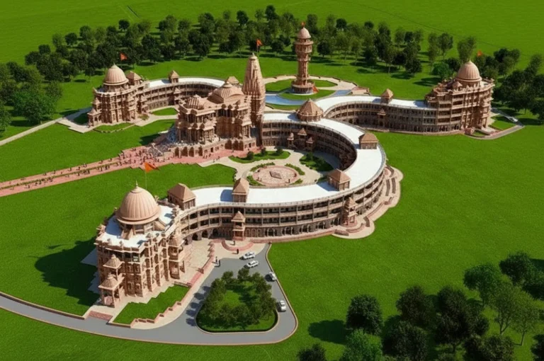 Om Shaped Temple Rajasthan aerial view showing sacred Om symbol architecture in Pali