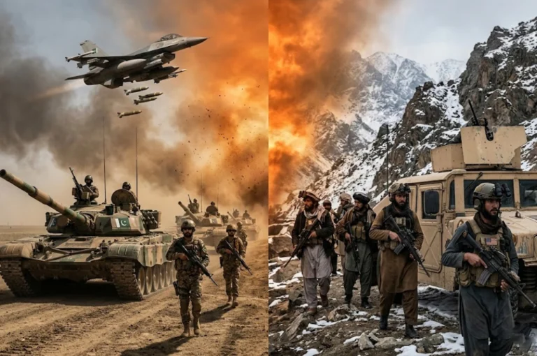 Split visual showing Pakistan's modern air force and tanks versus Taliban's guerrilla fighters with captured US equipment, representing the military comparison.