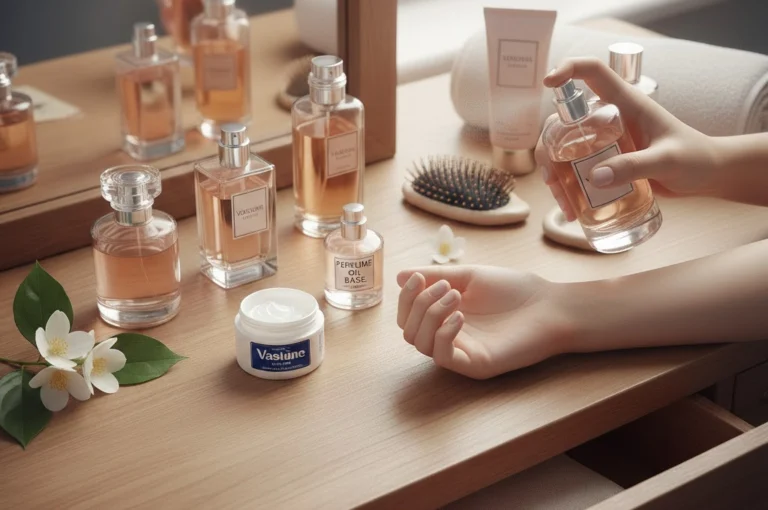 Long Lasting Perfume Tips: Applying perfume on pulse points with oil base on moisturized skin for all-day fragrance