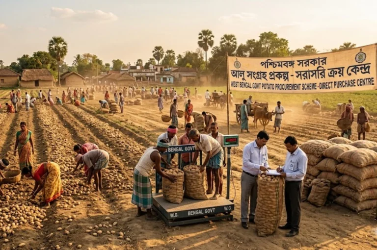 আলুর বাম্পার ফলনে দাম কমার আশঙ্কা! কৃষকদের বাঁচাতে ভোটের আগেই বড় পদক্ষেপ রাজ্য সরকারের Farmers with harvested potatoes during Bengal govt potato procurement drive