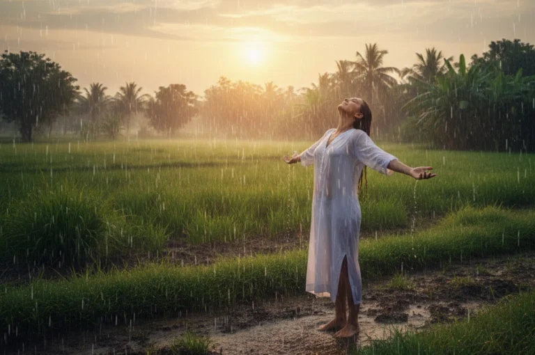 First Rain Spiritual Belief: First rain falling during monsoon symbolizing spiritual belief and energy cleansing in nature