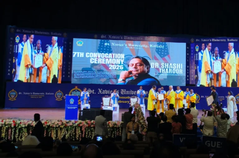 Shashi Tharoor speech at St. Xavier’s University Kolkata 7th Convocation Ceremony 2026, delivering address on stage after receiving honorary doctorate
