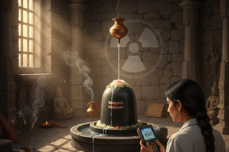 Shivling Radioactivity Myth illustration showing temple Shivling and radiation detector test