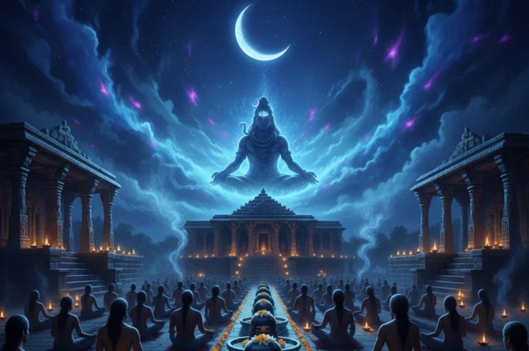 mahashivratri-night-awakening devotees meditating at night under crescent moon during Mahashivratri celebration