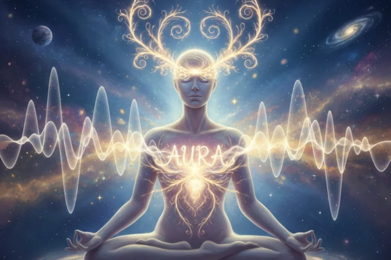 নিজের নাম শুনলে কেন সাড়া দেন? জানুন, এর পেছনে লুকিয়ে আছে কোন চমকপ্রদ রহস্য Sound Vibration Spiritual Power concept showing glowing sound waves emerging from a human name and activating consciousness