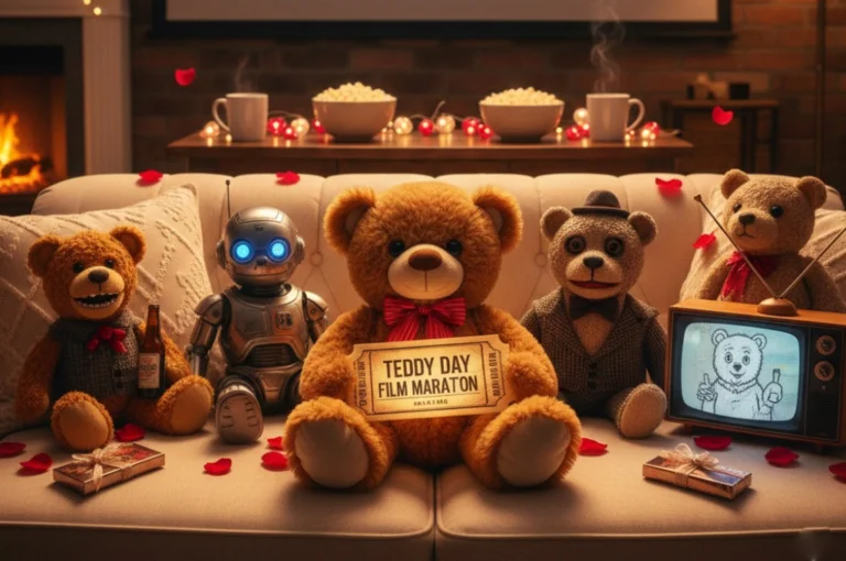 Teddy Day movies themed cozy movie night with teddy bears sitting on a sofa, popcorn, candles, and romantic Valentine ambiance