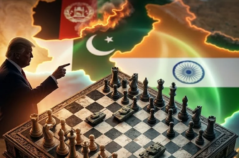 Conceptual chessboard over South Asia map showing Af-Pak War Global Impact with US involvement and India's position.