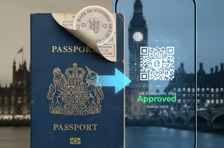 A digital illustration showing the transition from physical UK visa vignette stickers to a modern digital eVisa on a smartphone.