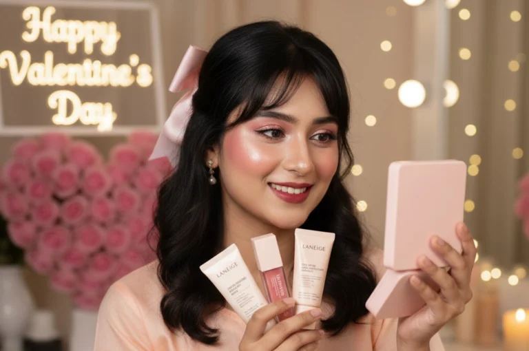 A woman applying makeup while holding Korean skincare products, showcasing Korean beauty tips for Valentine’s Day with a soft pink romantic look.