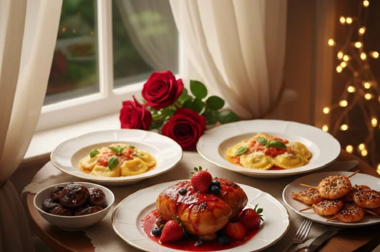 Valentines Day Special Dishes romantic dinner table setup with candlelight, roses, and beautifully plated gourmet food for couples.