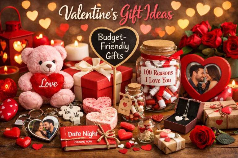Budget Friendly Valentine Gift Ideas including handmade scrapbook, potted plant and customized chocolate on a wooden table.