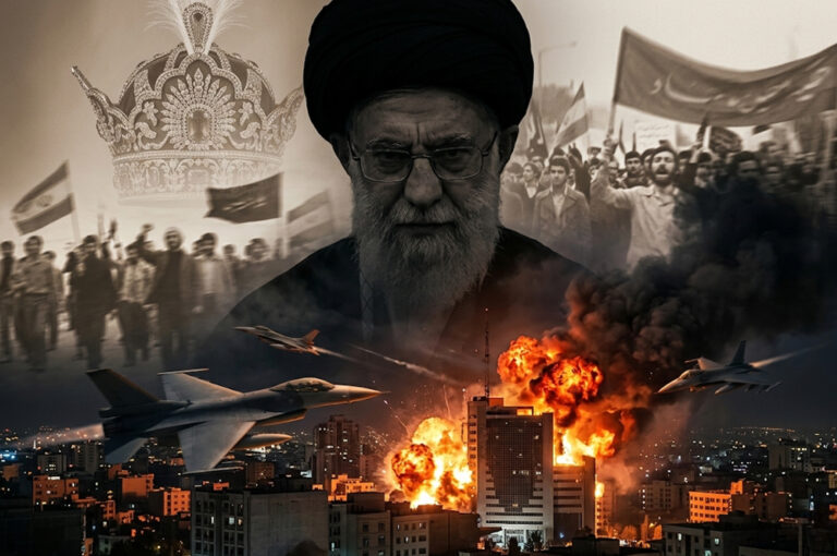 Dramatic visual representing the death of Iran's Supreme Leader Ayatollah Ali Khamenei, the 1979 revolution, and the recent US-Israeli airstrikes