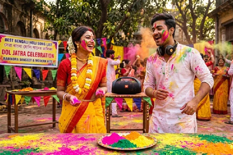 Best Bengali Holi song list playlist concept with colorful abir, traditional Bengali celebration, Rabindra Sangeet and modern Holi songs theme