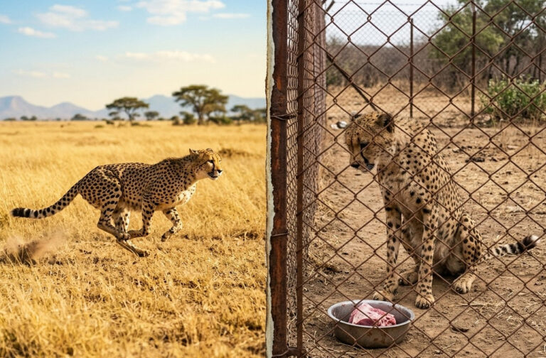Cheetah Reintroduction Project Reality: A split image showing a free-running cheetah in the wild versus a cheetah trapped behind a fence looking at meat, symbolizing the reality of India's cheetah project.