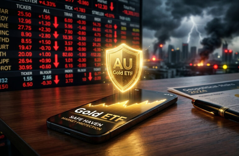 A digital screen showing Gold ETF growth against a crashing stock market background, symbolizing safe-haven investments during war.