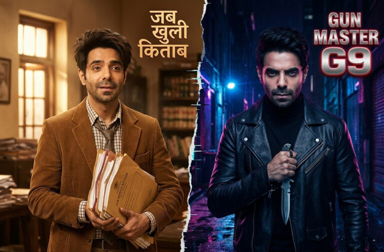 Aparshakti Khurana in Jab Khuli Kitaab: A dual-concept image showing Aparshakti Khurana as a quirky lawyer in Jab Khuli Kitaab and a dark action villain in Gun Master G9