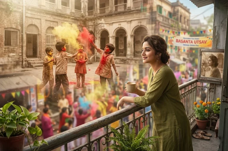 ‘ফেলে আসা দোলের স্মৃতি’: কেন উৎসবের দিনে আমাদের পুরনো কথা বেশি মনে পড়ে? A person experiencing nostalgia during Holi, reflecting on vibrant childhood memories of playing with colors.