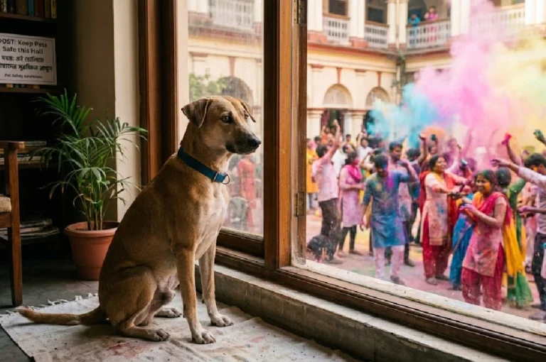 আপনার রঙের আনন্দ যেন ওদের বিষাদ না হয়: দোলের দিনে পোষ্য ও রাস্তার প্রাণীদের সুরক্ষায় ৫টি জরুরি পদক্ষেপ Pet safety tips for Holi – dog kept safely indoors during colorful Holi celebrations