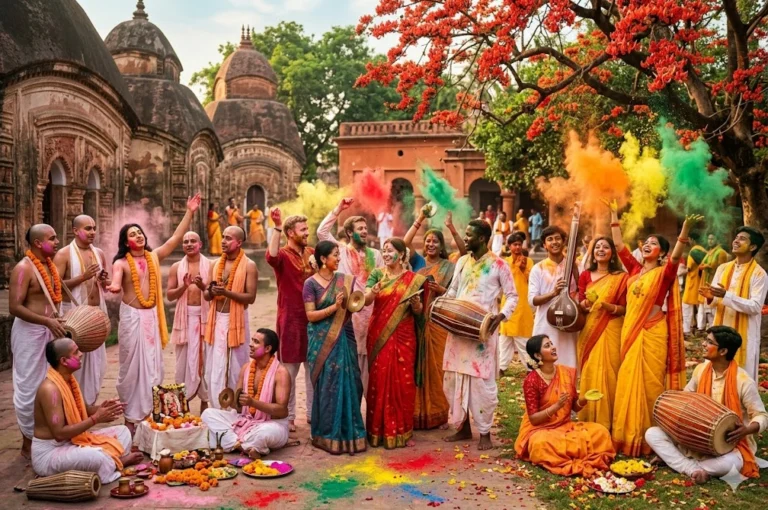 Evolution of Dol Jatra in Bengal showing Chaitanya Mahaprabhu's Kirtan and Santiniketan's Basanta Utsav with vibrant colors.