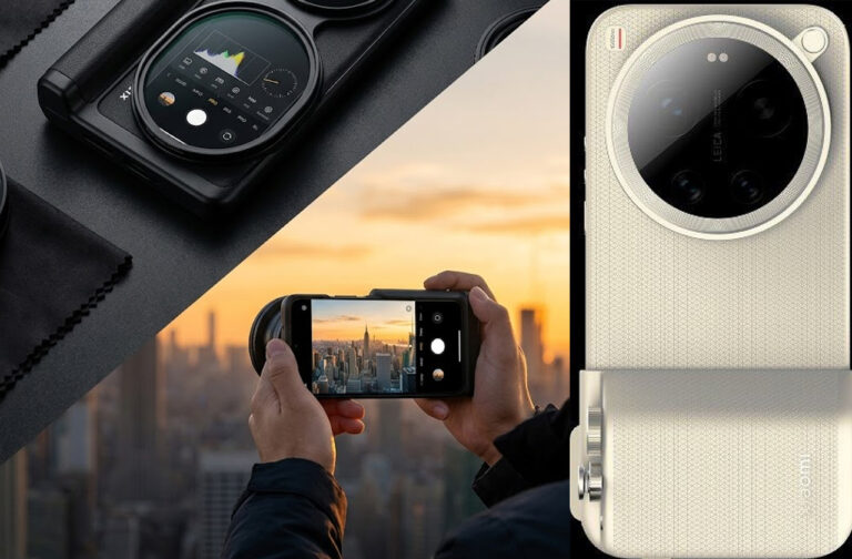 A specialized photographic rig holding the Xiaomi 17 Ultra with a large, vintage film camera lens attached, with a shocked expression nearby, illustrating the phone vs professional camera dichotomy.