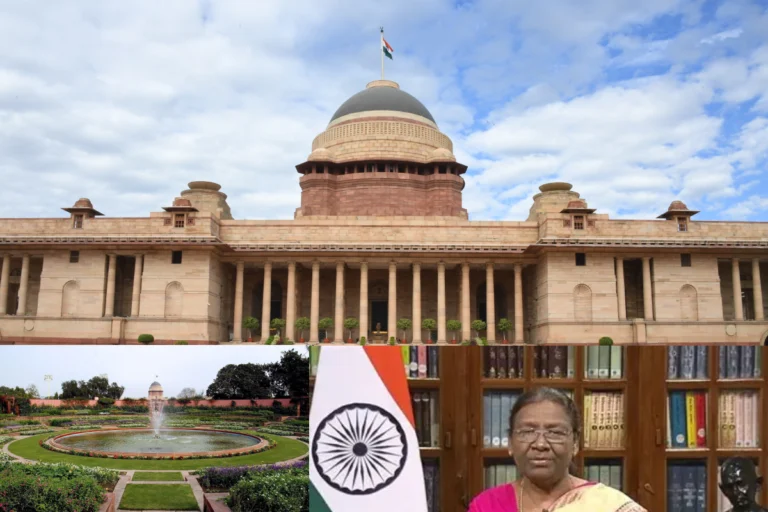 Rashtrapati Bhavan history showcasing the grand dome, Mughal Garden fountain, and official interior setting of the President of India