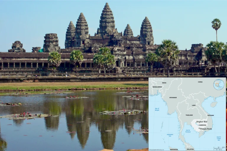হারিয়ে যাওয়া বিষ্ণুলোকের খোঁজ: জঙ্গলের নিচে লুকিয়ে প্রাচীন সভ্যতার অজানা ইতিহাস চমকে দেবে আপনাকে Angkor Wat temple at sunrise with reflection in water, showcasing the ancient architecture and the deep Angkor Wat mystery hidden within Cambodia’s historic jungle landscape.