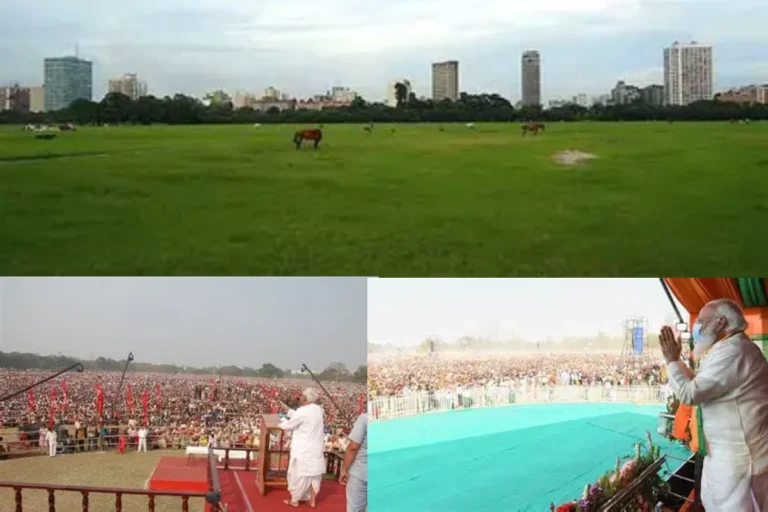 Brigade Parade Ground political rally with a massive crowd gathered in Kolkata as a national leader addresses supporters from a large stage.