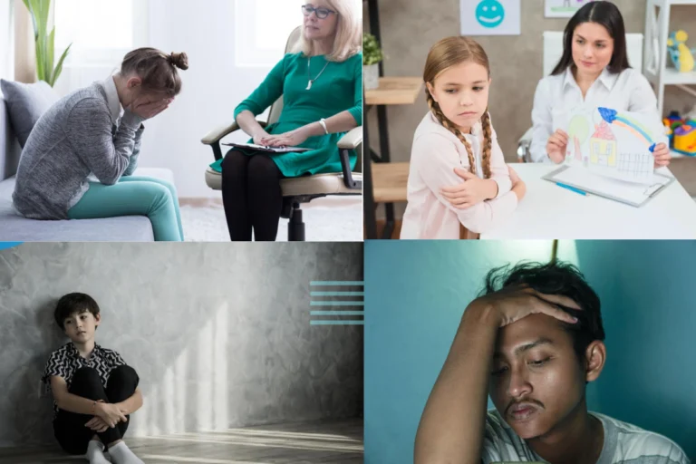 Child counseling importance concept showing children and a teenager experiencing emotional distress, anxiety, and behavioral issues during therapy sessions and alone, highlighting the need for psychological support.