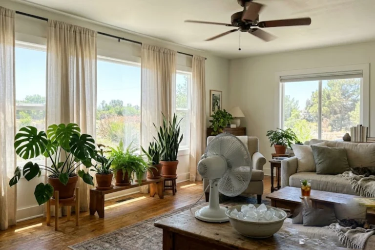 Home cooling tips summer – interior of a house kept cool using curtains, ceiling fan, indoor plants, and natural cooling methods during hot weather.