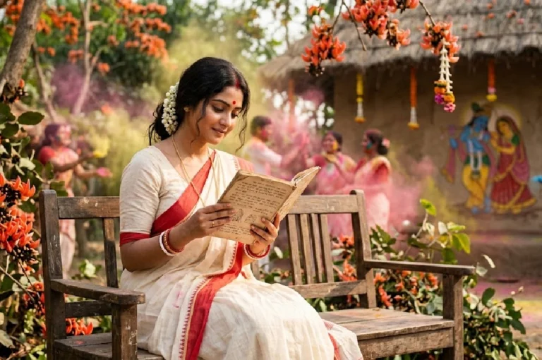 “রাঙিয়ে দিয়ে যাও” Dol Festival Love Story scene with Bengali woman holding diary during spring festival surrounded by palash flowers and abir colors