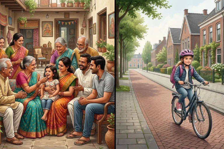 Indian Parenting vs Dutch Parenting showing cultural differences in child upbringing in India and Netherlands