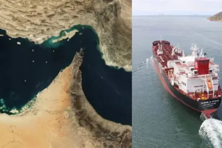 Strait of Hormuz Conflict Impact on India showing the strategic oil shipping route and an oil tanker highlighting potential risks to India’s energy supply and trade.