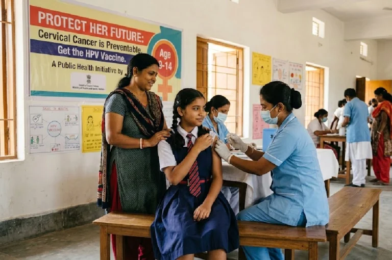 HPV short course vaccination being administered to a teenage girl during a school health campaign in India