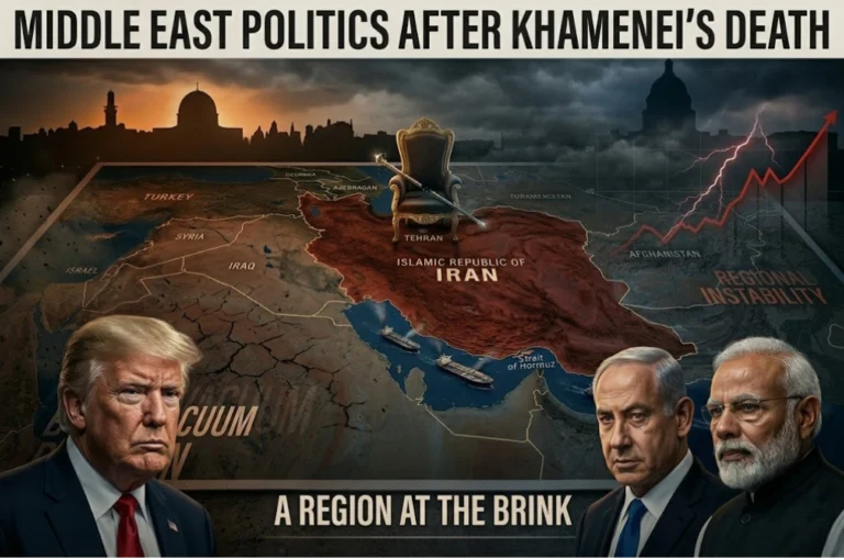 খামেনেয়ের মৃত্যু! মধ্যপ্রাচ্যের রাজনীতি কোন দিকে, ভারতের সামনে বড় চ্যালেঞ্জ Middle East Politics After Khamenei’s Death showing Iran leadership change impact involving Israel, United States, and India with oil trade tension