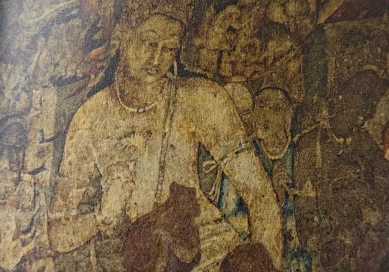 Ajanta Padmapani Painting depicting a serene Bodhisattva holding a lotus inside Ajanta Cave 1