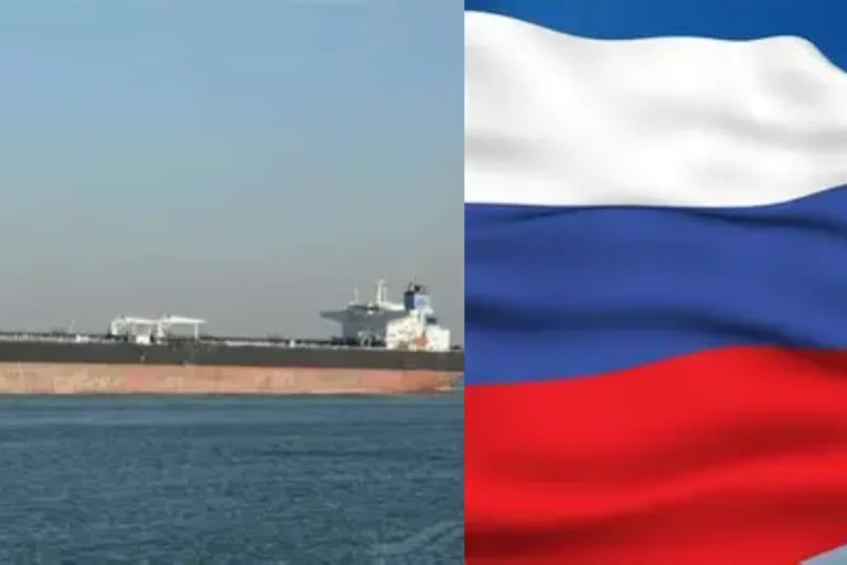An oil tanker sailing through a fiery strait representing the Hormuz crisis, symbolizing Russia offering crude to India amidst US geopolitical pressure.