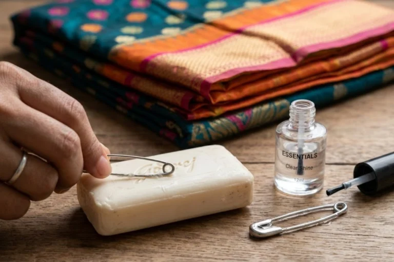 সেফটি পিনে জং ধরে শাড়ি নষ্ট? এই টিপসগুলি মানলে আপনি থাকবেন নিশ্চিন্ত Safety Pin Hacks showing soap and clear nail polish used on metal safety pins to prevent rust and protect saree fabric from stains and damage.